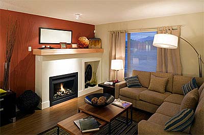 Nicley staged living room with fireplace